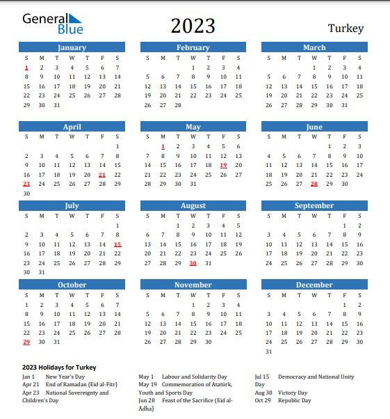 تقویم ترکیه به انگلیسی	