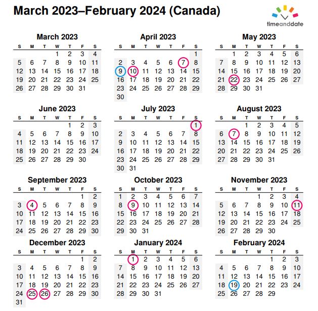 تقویم کانادا 2023